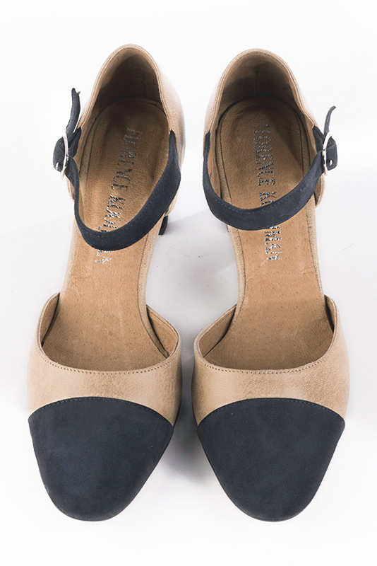 Navy blue and powder pink women's open side shoes, with an instep strap. Round toe. Medium block heels. Top view - Florence KOOIJMAN